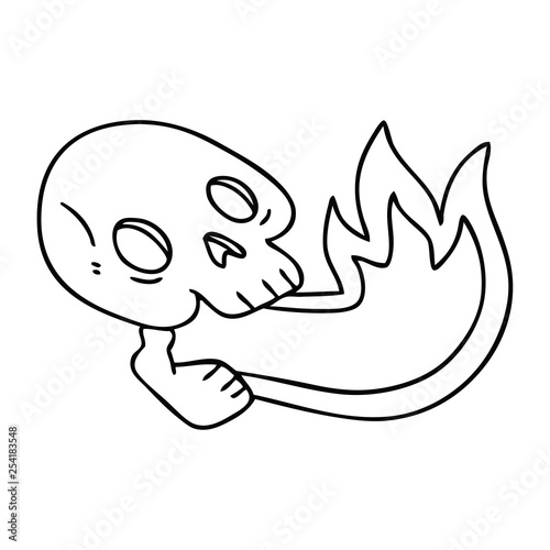 fire breathing quirky line drawing cartoon skull