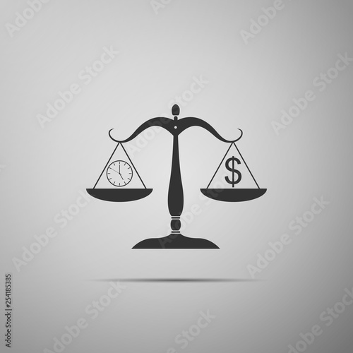 Scale weighing money and time icon isolated on grey background. Scales with hours and a coin. Balance between work and the given time. Business concept. Flat design. Vector Illustration