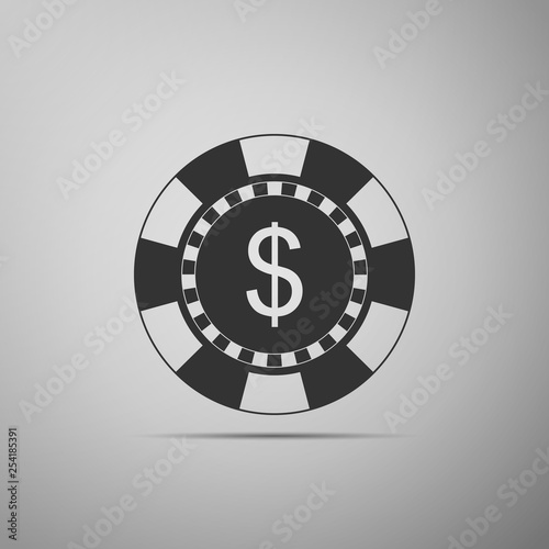 Casino chip and dollar symbol icon isolated on grey background. Flat design. Vector Illustration