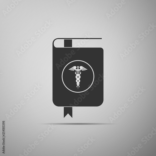 Medical book and Caduceus medical symbol icon isolated on grey background. Medical reference book, textbook, encyclopedia. Scientific literature. Flat design. Vector Illustration