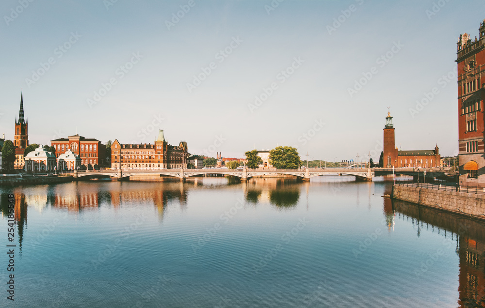Stockholm city view water reflection touristic central popular landmarks in Sweden Europe travel