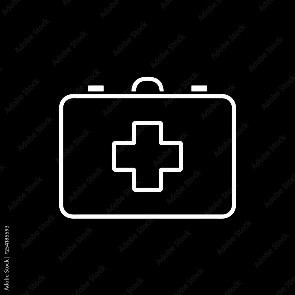 Flat line monochrome first aid kit symbol for web sites and apps. Minimal simple black and white first aid kit symbol. Isolated vector white first aid kit symbol on black background. Flat line monochrome first aid kit symbol for web sites and apps. Minimal simple black and white first aid kit symbol. Isolated vector white first aid kit symbol on black background.