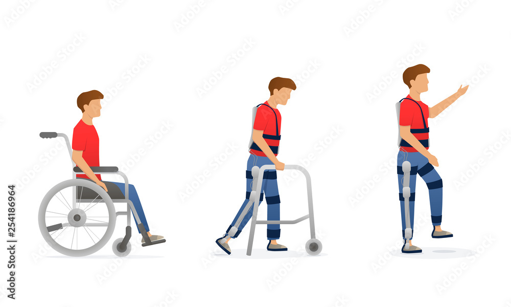 Exoskeleton rehabilitation. Evolution of disabled man. Character on wheelchair, stay with crutches, walking with exosuit. Vector Exoskeleton rehabilitation. Evolution of disabled man. Character on wheelchair, stay with crutches, walking with exosuit. Vector