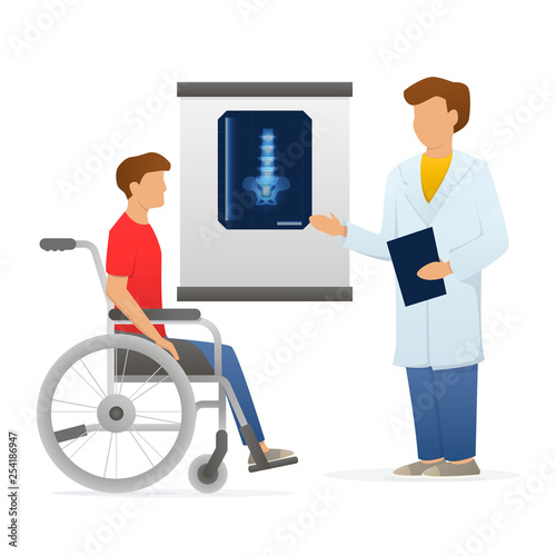 Disabled man sitting in wheelchair near the doctor with x-ray. Unable character. Vector