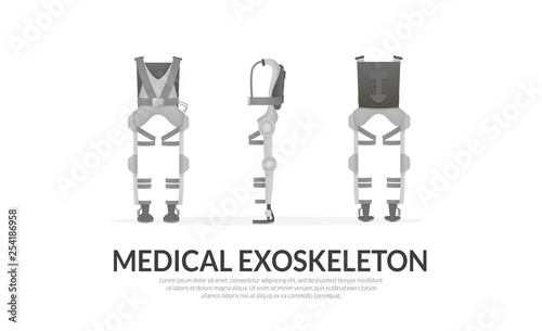 Banner template. Realistic medical exoskeleton. Exosuit. Front, back, side view. Vector