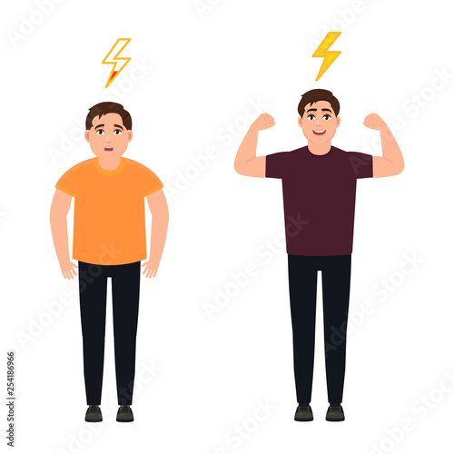 A man full of energy and strength, shows hand biceps, a sad young man with low energy, lightning, a character in a cartoon style