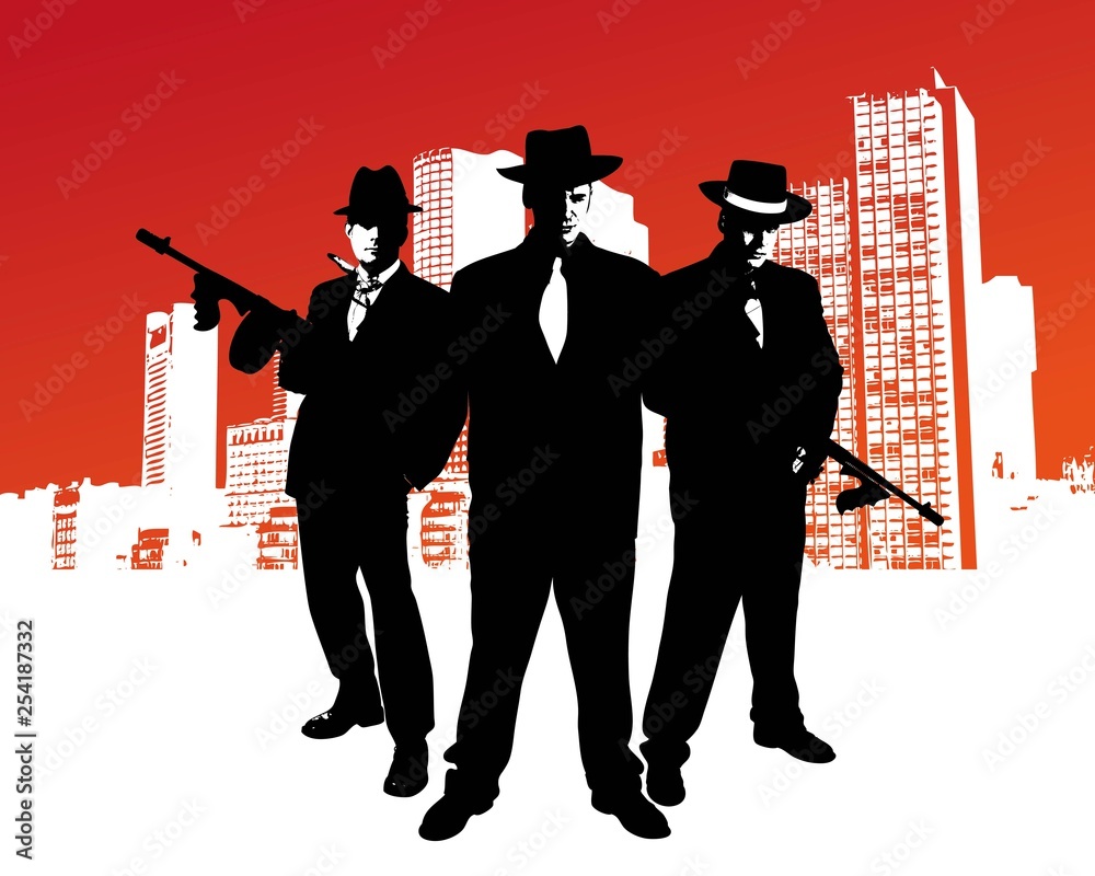 Mafia boss with machine gun stands in front of skyline of a city with
