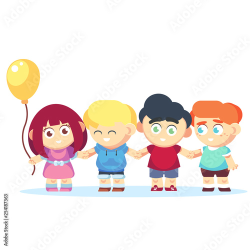 Group of happy kids holding hands. Friendship concept flat cartoon Vector