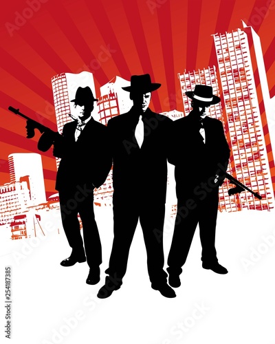 Mafia boss with machine gun stands in front of skyline of a city with design elements in the background