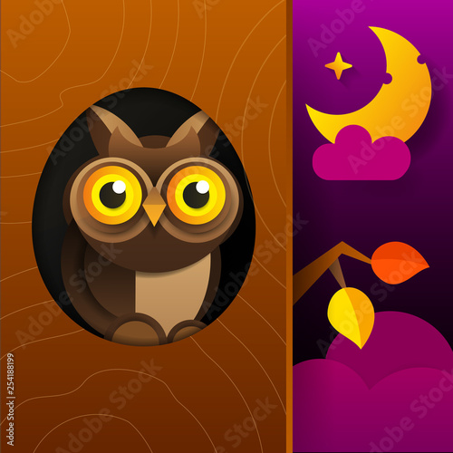 Cute Owl Sitting In Hollow Of Tree, Hollowed Out Old Tree And Cute Animal Cartoon Character Vector
