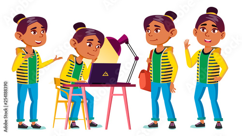 Arab, Muslim Girl Kid Poses Set Vector. High School Child. School Student. Cheer, Pretty, Youth. For Advertisement, Greeting, Announcement Design. Isolated Cartoon Illustration