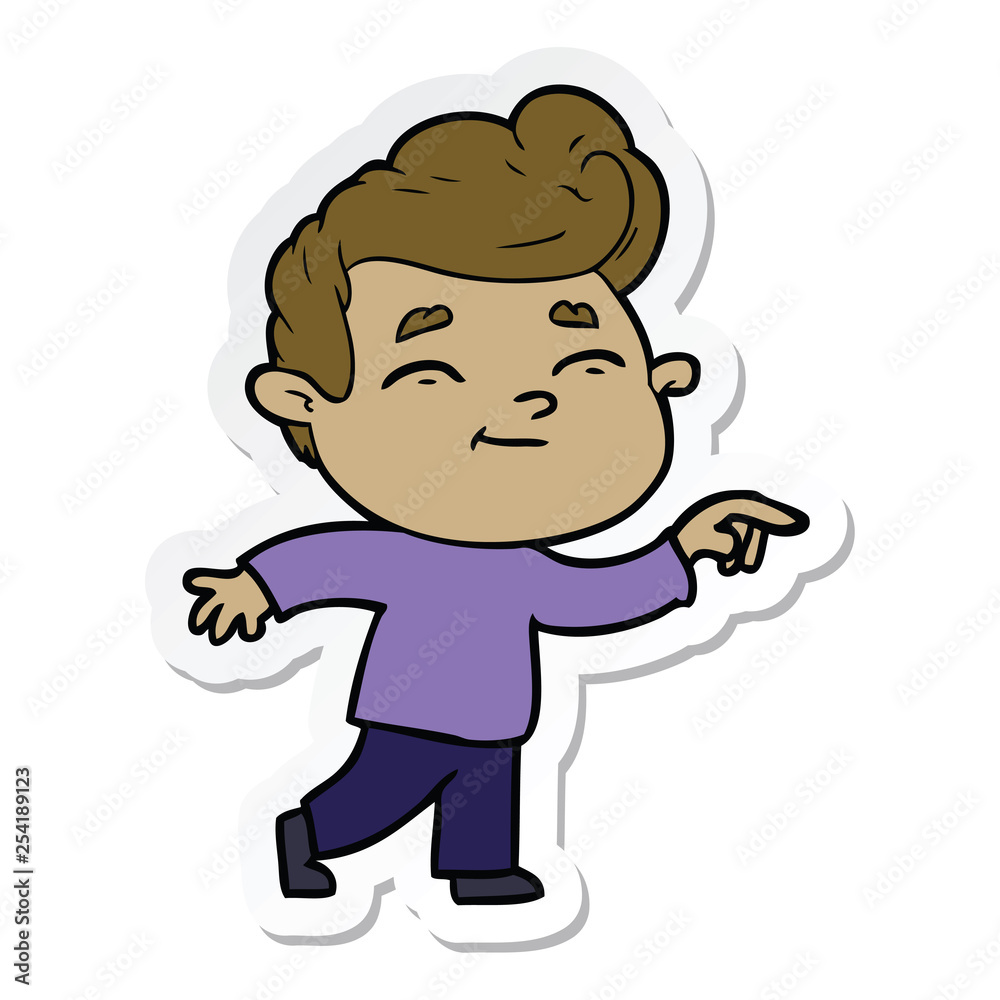 sticker of a happy cartoon man pointing sticker of a happy cartoon man pointing
