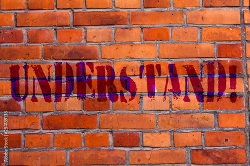 Text sign showing Understand. Business photo text Know Perceive the meaning of something Brick Wall art like Graffiti motivational call written on the wall