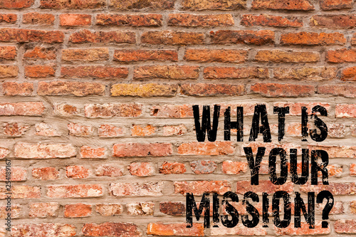 Handwriting text writing What Is Your Missionquestion. Conceptual photo asking someone about his plans and todo list Brick Wall art like Graffiti motivational call written on the wall