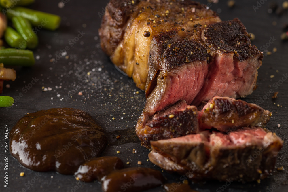 grilled steak from beef sirloin with green beans and bacon grilled steak from beef sirloin with green beans and bacon