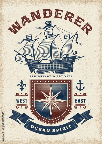 Vintage Nautical Wanderer Typography. T-shirt and label graphics in woodcut style with clipping mask. Editable EPS10 vector illustration.