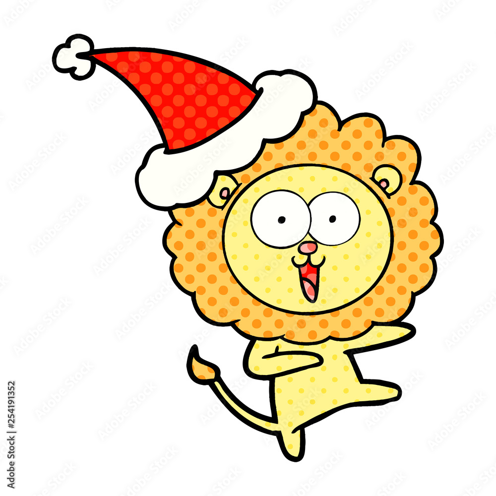 Naklejka premium happy comic book style illustration of a lion wearing santa hat