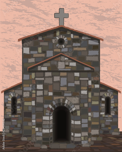Stone spanish church in visigothic style with bells. vector illustration