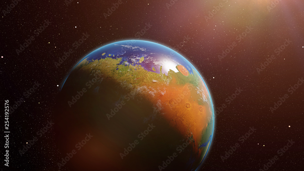 Fototapeta premium sunrise over terraformed Mars, plants and oceans on the red planet (3d space render, elements of this image are furnished by NASA)