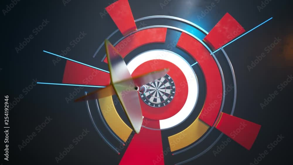 Player throwing a dart hitting perfectly in the bullseye of the dartboard.