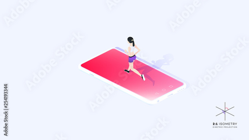 Woman Running On Mobile Phone Screen. Conceptual Cardio Training Isometric Illustration.