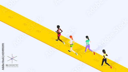 Wome Run On Roulette. Conceptual Weight Loss Isometric Illustration. Dimetric Projection.