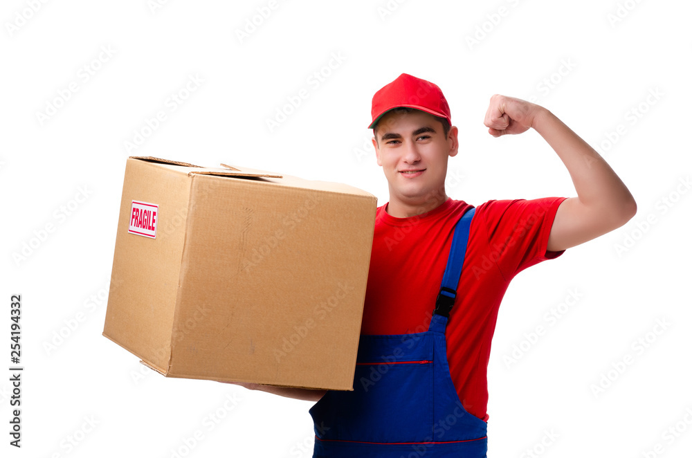 Young male courier with box isolated on white 