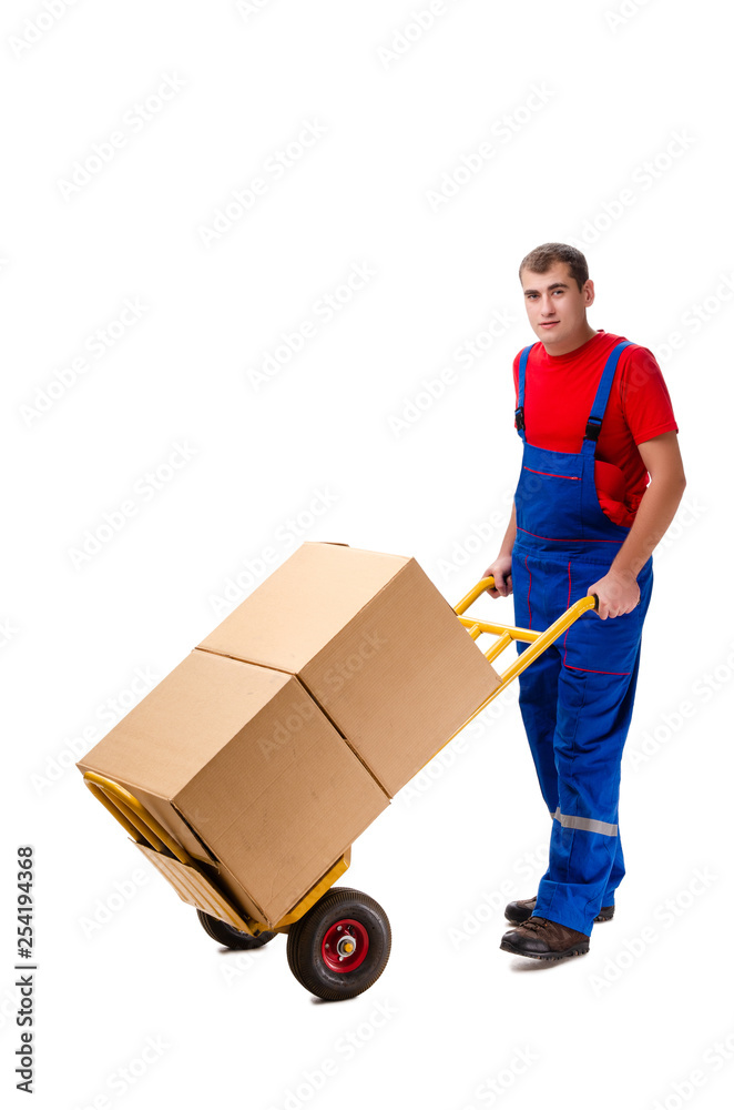 Young male courier with box isolated on white Young male courier with box isolated on white