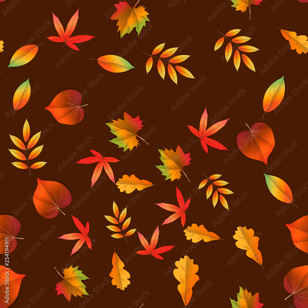 Autumn leaves vector seamless pattern on dark background