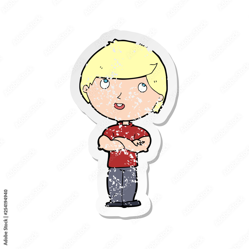 retro distressed sticker of a cartoon happy man with folded arm retro distressed sticker of a cartoon happy man with folded arm
