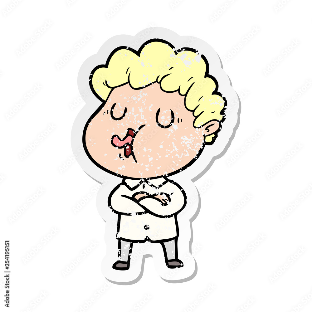 distressed sticker of a cartoon man singing distressed sticker of a cartoon man singing