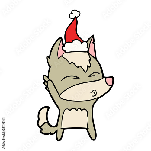 line drawing of a wolf whistling wearing santa hat