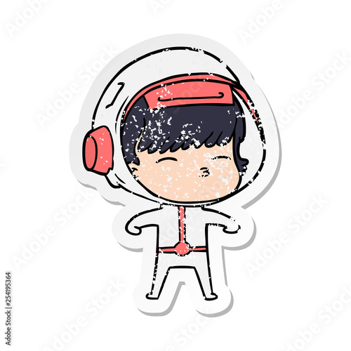 distressed sticker of a cartoon curious astronaut