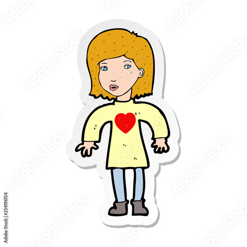 sticker of a cartoon woman wearing heart shirt