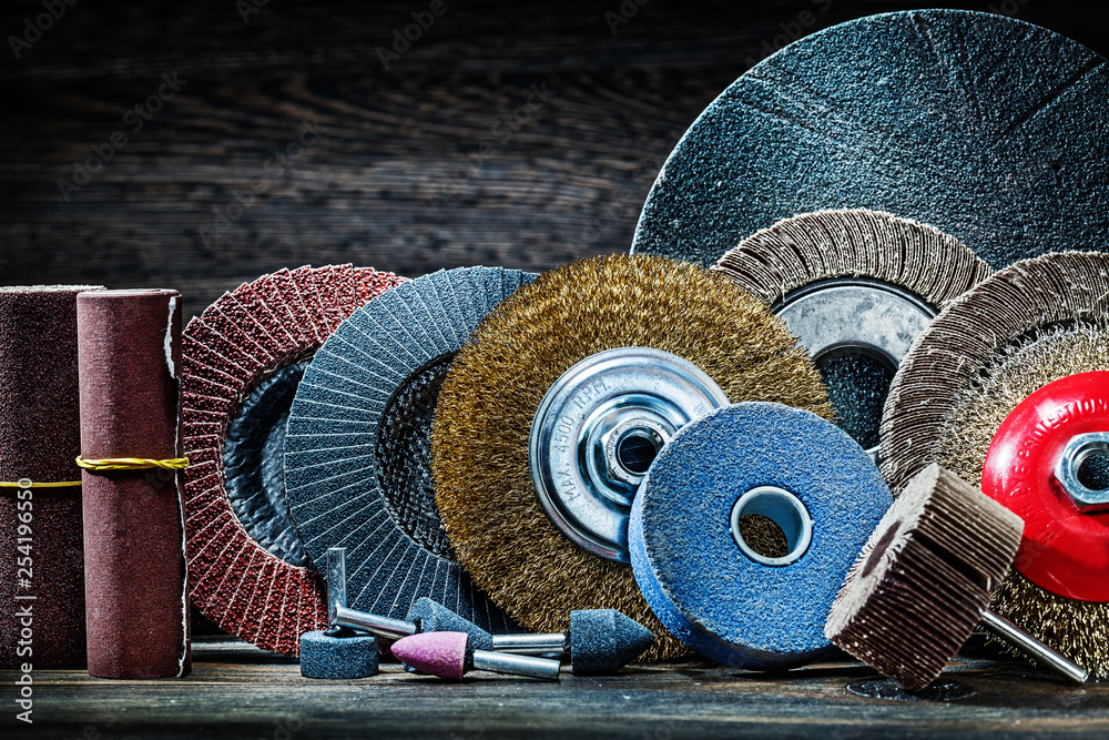 Photo Art Print big set of abrasive tools on vintage wood background mihalec