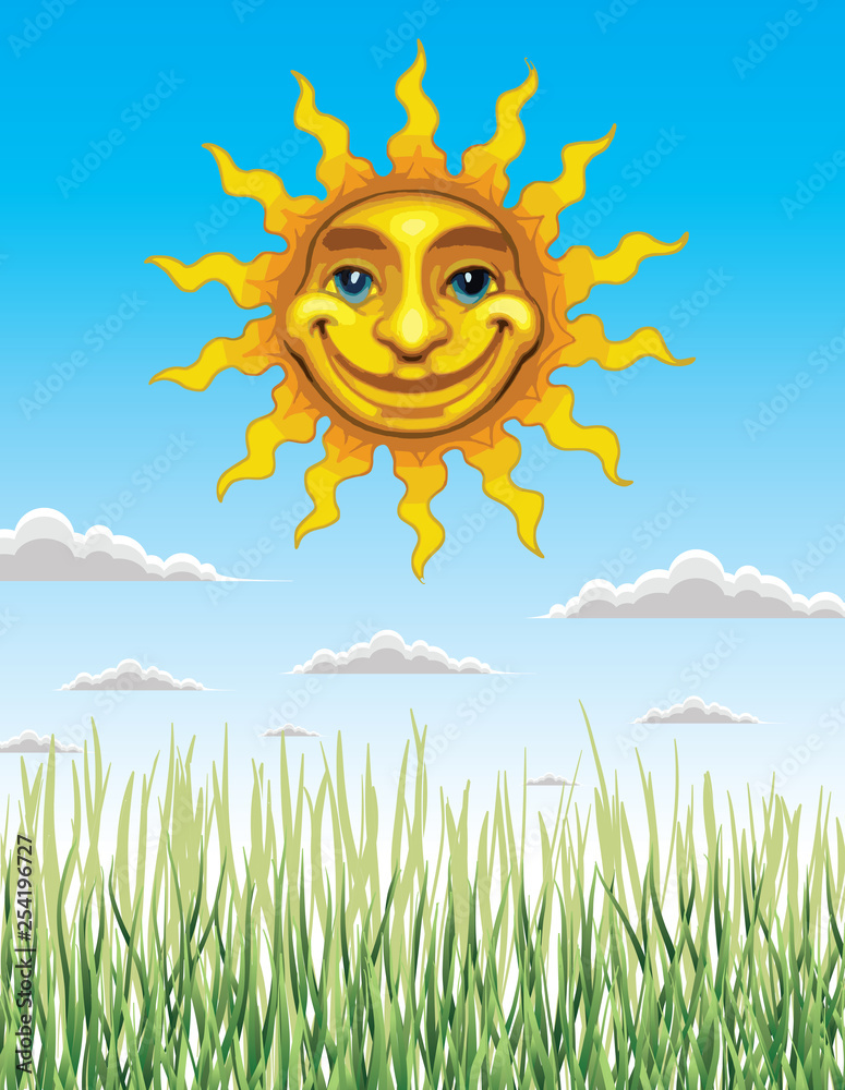 Spring and Summer Sun is an illustration celebrating spring and summer with green grass, a beautiful blue sky with fluffy clouds and a bright yellow shining smiling sun.