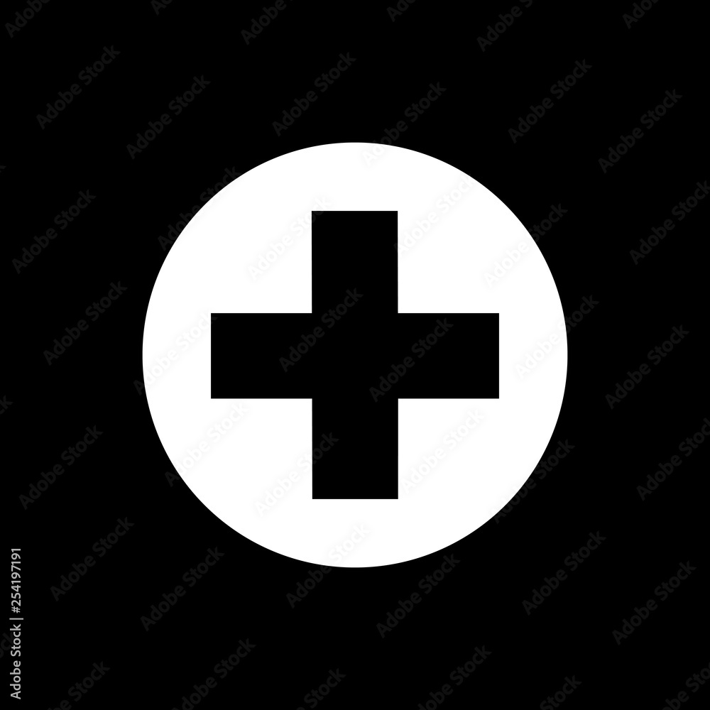 Flat monochrome medical cross symbol for web sites and apps. Minimal simple  black and white medical cross symbol. Isolated vector white medical cross  symbol on black background. Stock Vector | Adobe Stock