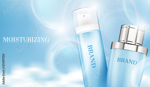 Cosmetic ad, close up skincare set on fluffy cloud and air bubble