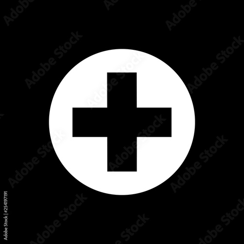 Flat monochrome medical cross symbol for web sites and apps. Minimal simple black and white medical cross symbol. Isolated vector white medical cross symbol on black background.