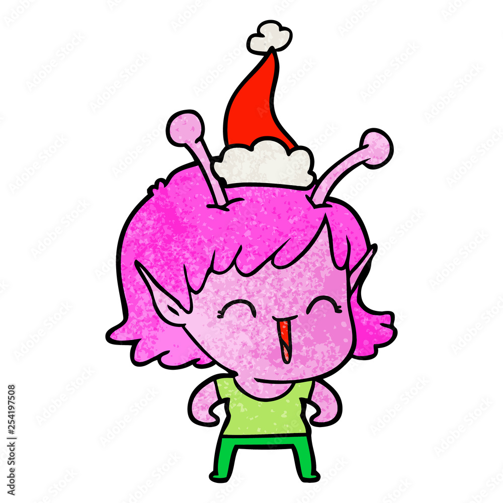textured cartoon of a alien girl laughing wearing santa hat textured cartoon of a alien girl laughing wearing santa hat
