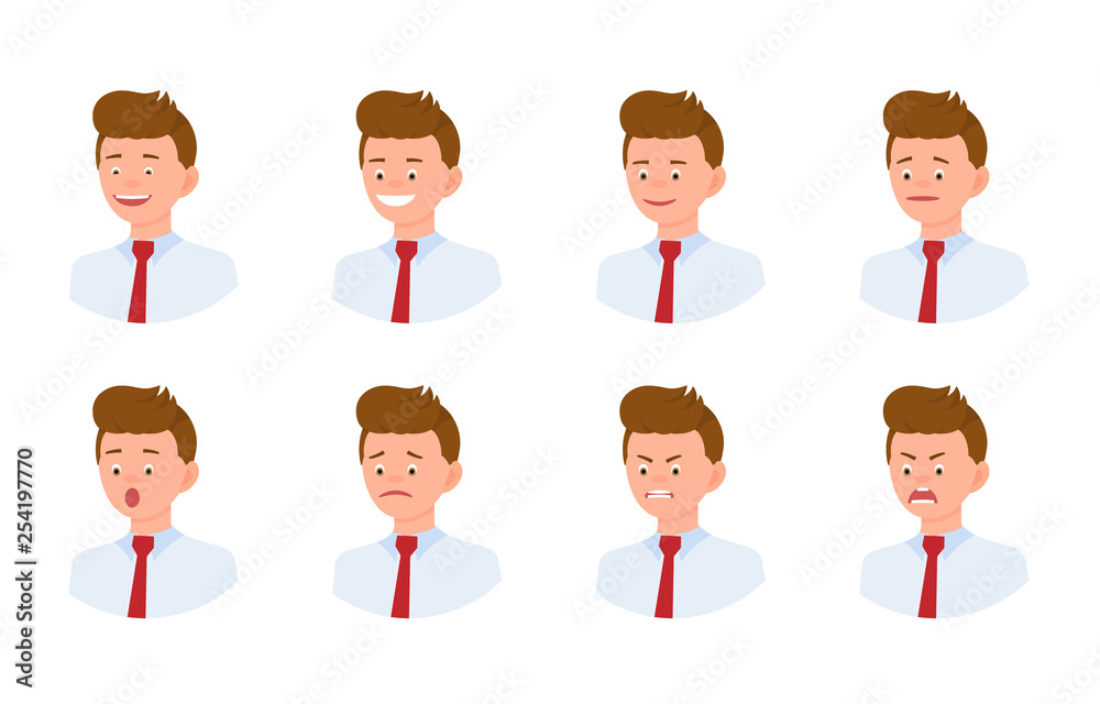 Emotional face 3/4 view cartoon character young office man design set. Happy, smiling, upset, surprised, sad, angry, shouting person flat concept on white background - Vector Emotional face 3/4 view cartoon character young office man design set. Happy, smiling, upset, surprised, sad, angry, shouting person flat concept on white background - Vector