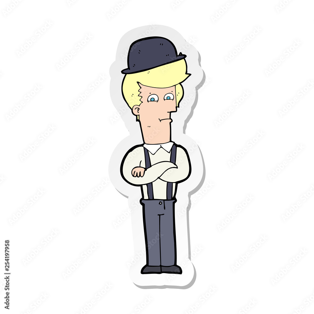 sticker of a cartoon man in bowler hat with crossed arms