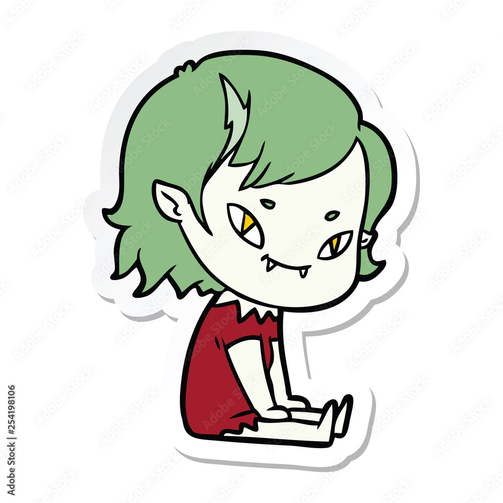 sticker of a cartoon friendly vampire girl sat down