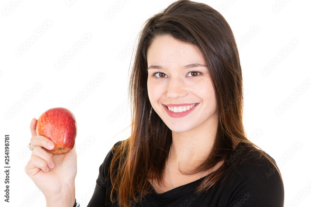 smiling young woman with healthy teeth holdinh red apple smiling young woman with healthy teeth holdinh red apple