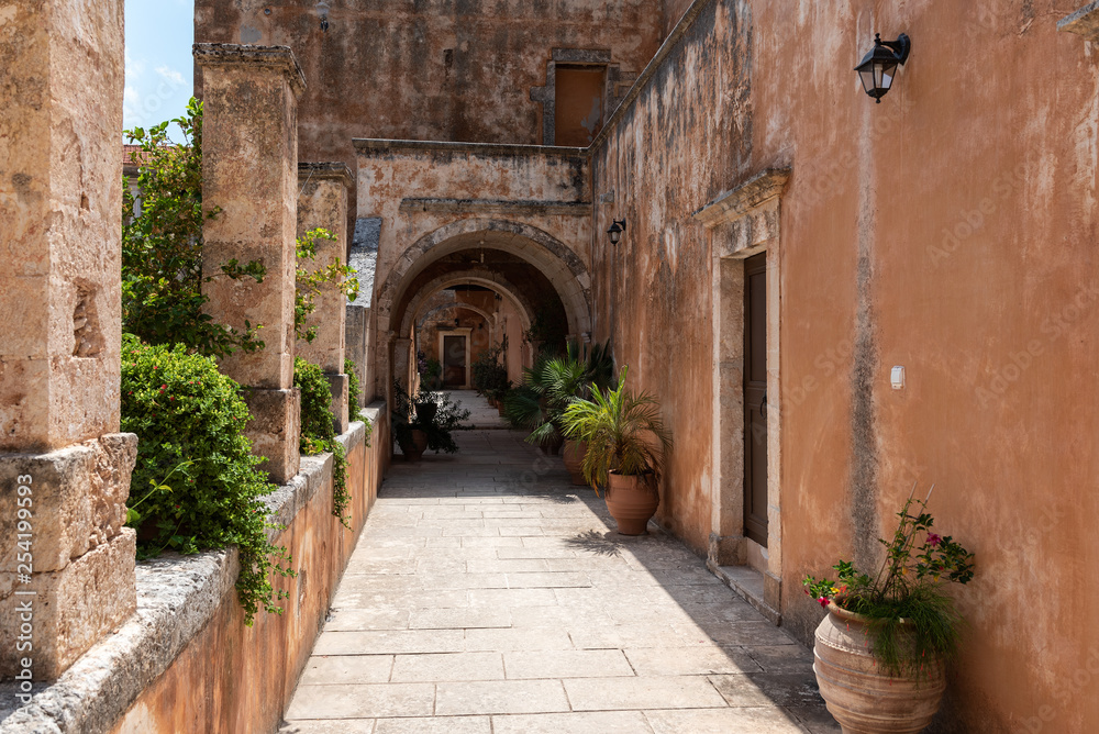 nterior walls of Aghia Triada monastery, located on Crete island, Greece 