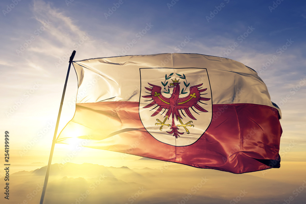 Tirol state of Austria flag waving on the top sunrise mist fog - obrazy, fototapety, plakaty 