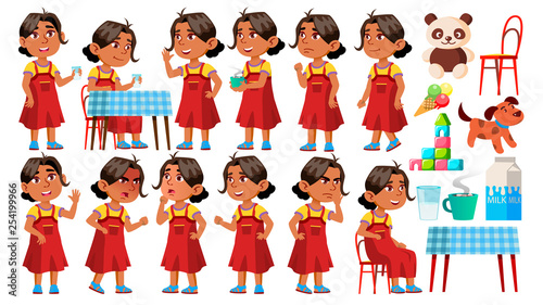 Arab, Muslim Girl Kindergarten Kid Poses Set Vector. Character Playing. Childish. Casual Clothe. For Presentation, Print, Invitation Design. Isolated Cartoon Illustration