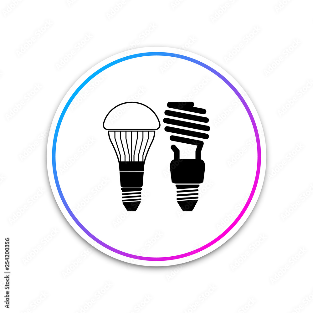 Economical LED illuminated lightbulb and fluorescent light bulb icon isolated on white background. Save energy lamp. Circle white button. Vector Illustration Economical LED illuminated lightbulb and fluorescent light bulb icon isolated on white background. Save energy lamp. Circle white button. Vector Illustration