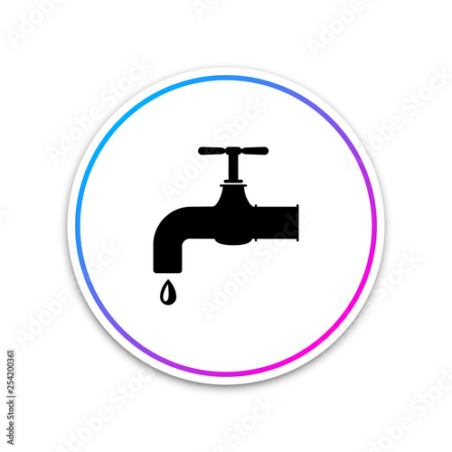 Water tap with a falling water drop icon isolated on white background. Circle white button. Vector Illustration