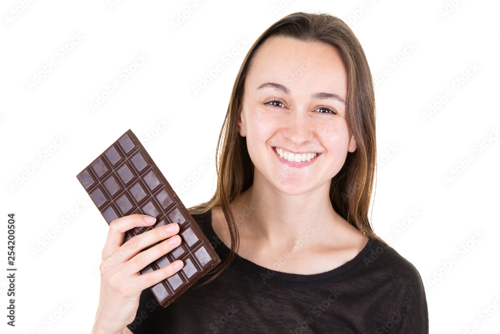 Beautiful smiling girl holding before eating chocolate isolated on white background Beautiful smiling girl holding before eating chocolate isolated on white background